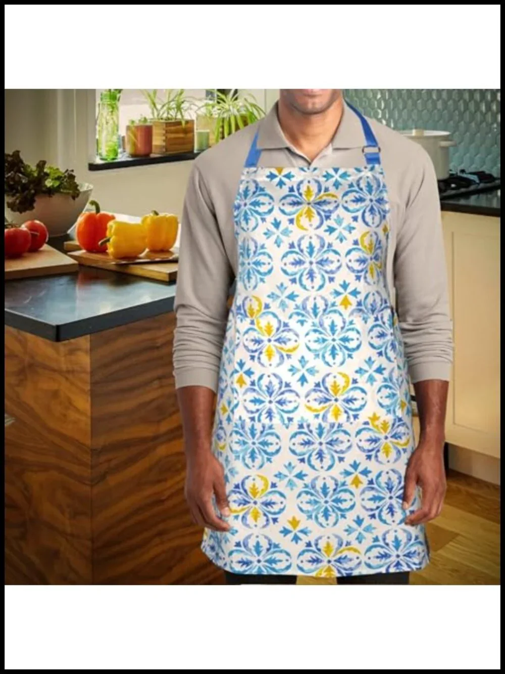 100% Cotton Kitchen Bib Apron with Pocket Adjustable Neck Long Ties